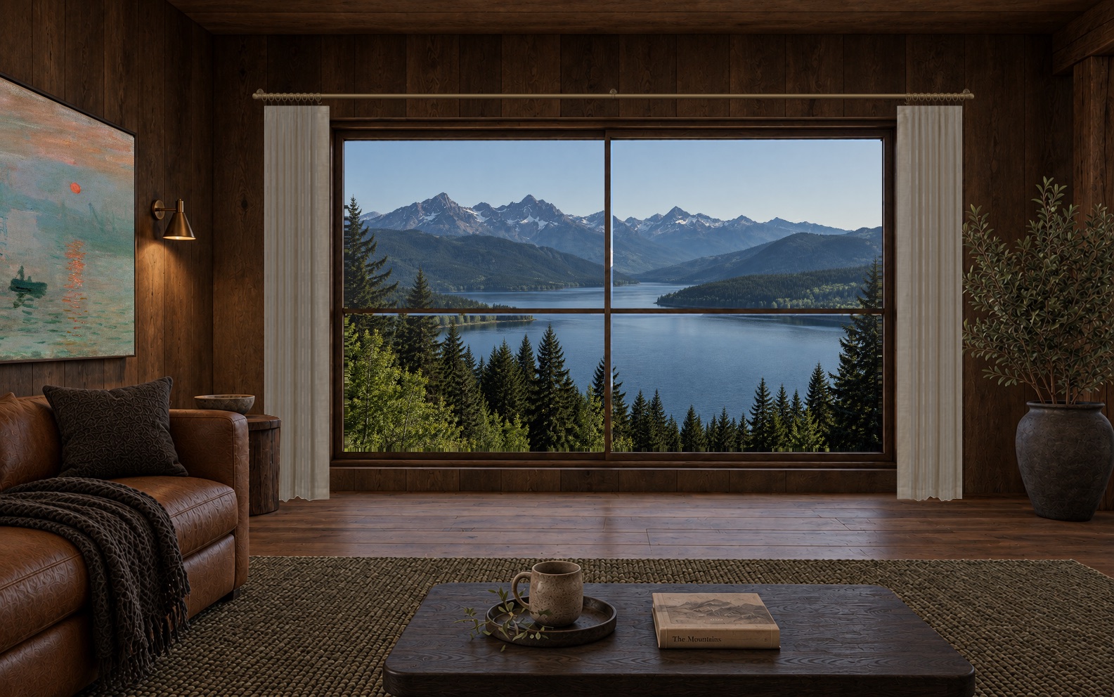 A dark timber room with a warm lamp and an alpine lake view